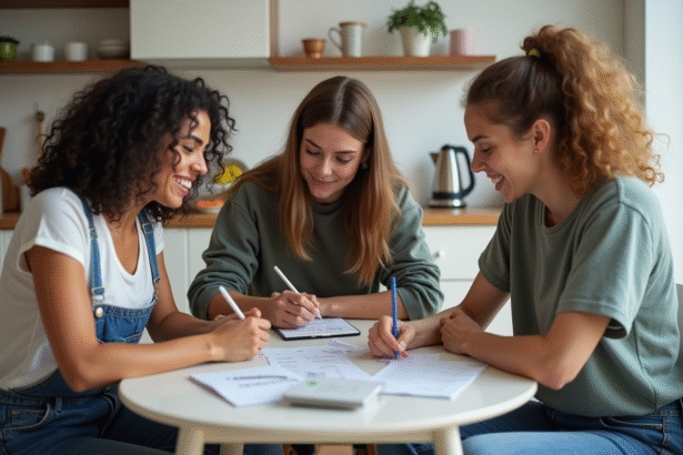 Trois jeunes adultes en cuisine partageant un moment convivial