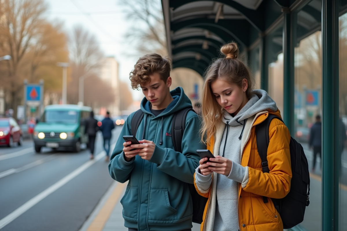 Deux adolescents attendant le tram en utilisant leurs smartphones
