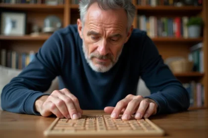 Homme concentré jouant une lettre Z au Scrabble sur un plateau en bois, vue en plongée légère dans un salon cosy