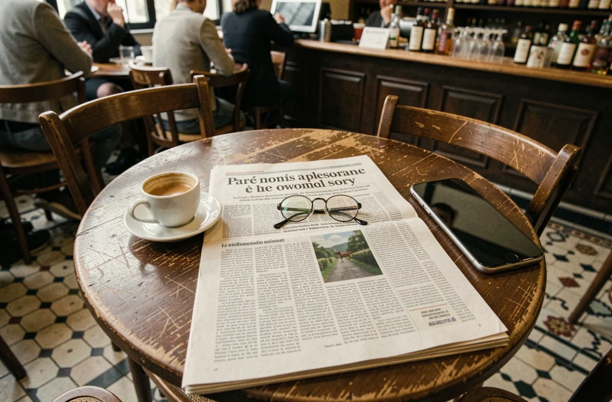 Journal français ouvert sur une table de café parisien avec un expresso et des lunettes de lecture, illustrant une histoire médiatique personnelle