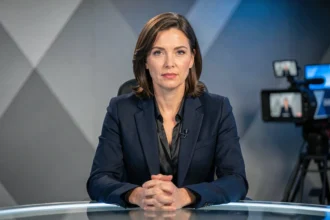 Journaliste de télévision française assise derrière un bureau de présentation dans un studio de news moderne, expression concentrée et professionnelle