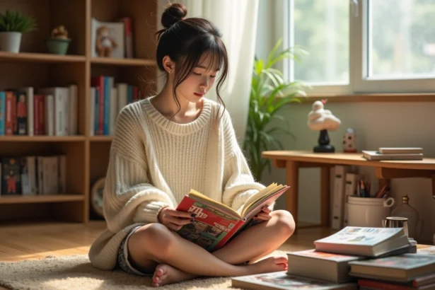 Jeune femme lisant un manga des Carnets de l'Apothicaire dans un intérieur cosy avec des étagères de livres