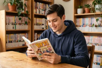 Jeune homme lisant un manga légalement à son bureau entouré de volumes de collection
