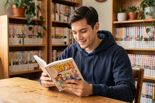Jeune homme lisant un manga légalement à son bureau entouré de volumes de collection