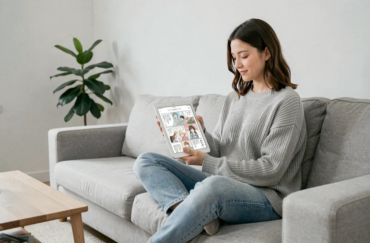 Femme lisant un manga en ligne légalement sur tablette dans un salon moderne