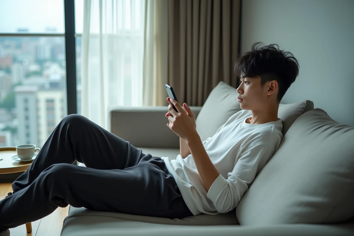 Jeune homme lisant un manhwa sur smartphone allongé dans un salon moderne et minimaliste