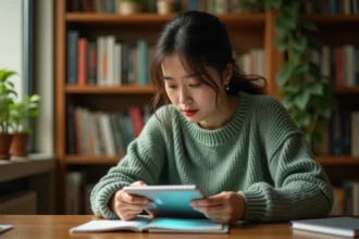 Jeune femme lisant un manhwa en VF sur une tablette numérique dans un bureau cosy rempli de livres