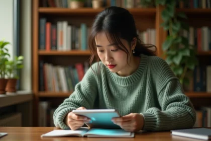 Jeune femme lisant un manhwa en VF sur une tablette numérique dans un bureau cosy rempli de livres