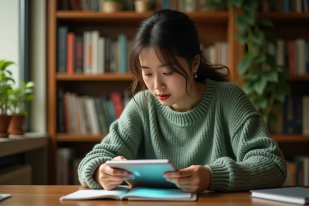 Jeune femme lisant un manhwa en VF sur une tablette numérique dans un bureau cosy rempli de livres