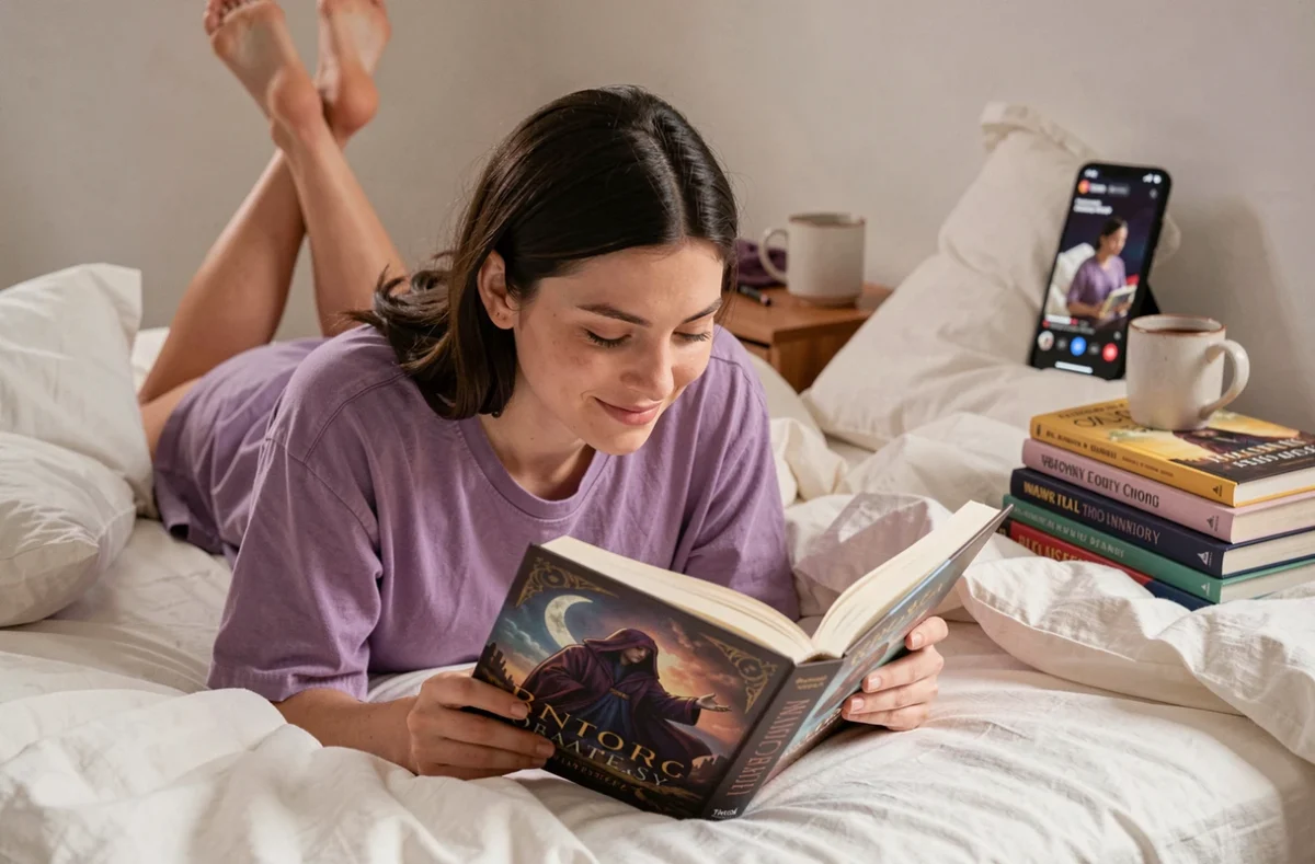 Jeune femme allongée sur son lit en train de lire un roman romantasy avec une pile de livres à lire et un téléphone affichant TikTok