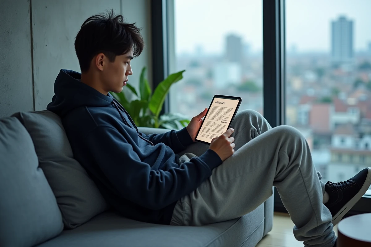 Homme lisant un scan manga sur tablette dans un appartement moderne et minimaliste