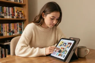 Jeune femme lisant un webtoon en français sur une tablette numérique dans un bureau cosy avec des étagères de mangas en arrière-plan