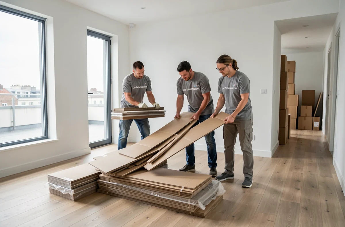 Équipe des Débarrasseurs démontant des meubles dans un appartement moderne vidé