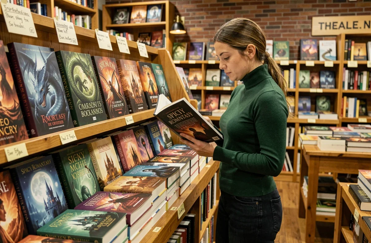 Femme feuilletant des romans romantasy épicés dans une librairie indépendante avec des tables de présentation thématiques