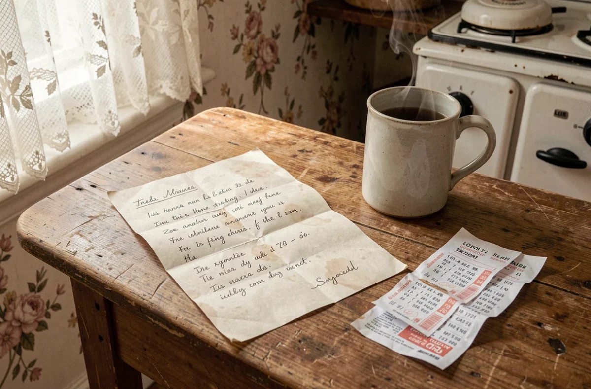 Liste de vœux manuscrite et ticket de loterie sur une table de cuisine française rappelant le roman et film La Liste de mes envies
