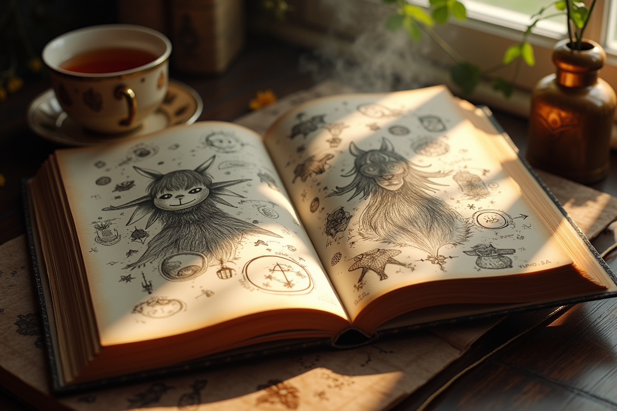 Livre ouvert avec esquisses de personnages fantasy dans une pièce chaleureuse