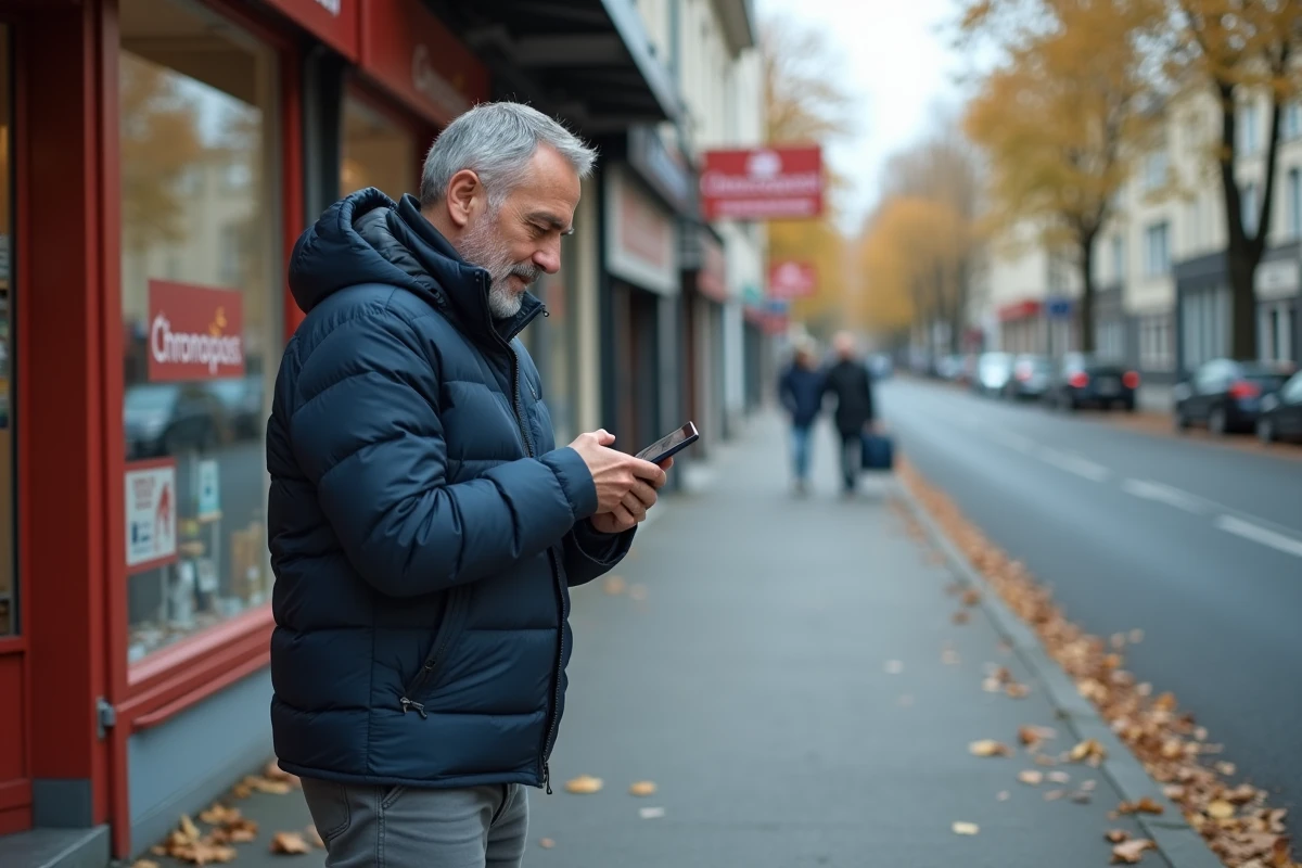 Un homme consulte son téléphone pour localiser un point relais Chronopost devant un bureau de tabac en ville
