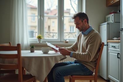 Homme d'âge moyen lisant une lettre dans sa cuisine