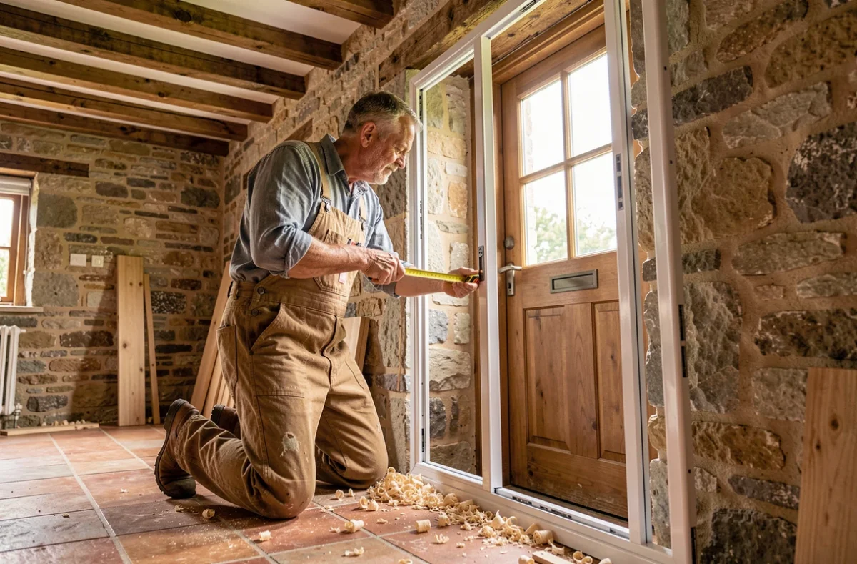 Artisan posant une fenêtre PVC et une porte dans une maison normande rénovée, combinant menuiserie et serrurerie