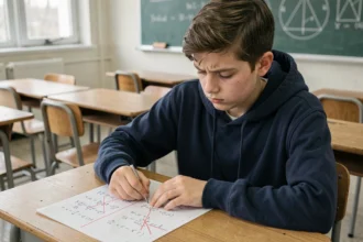 Lycéen corrigeant ses erreurs sur une fiche d'exercices d'équation réduite de tangente en classe