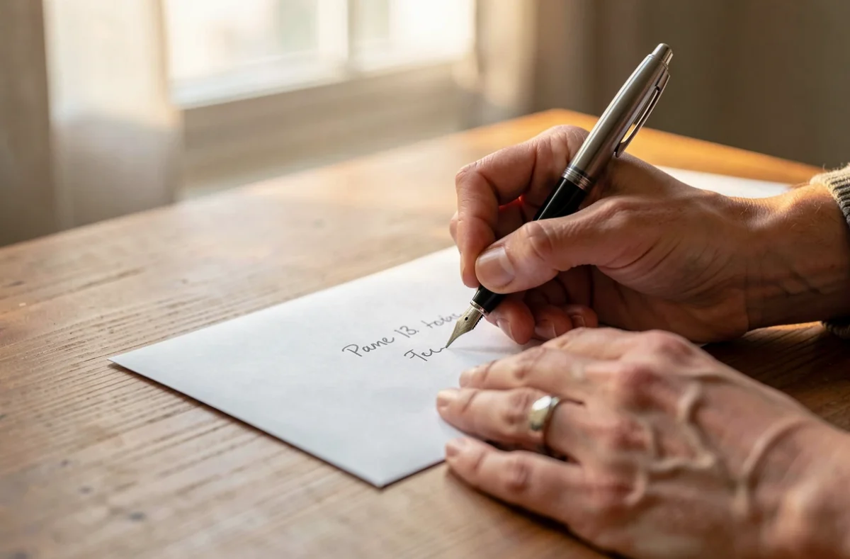 Mains qui écrivent une adresse sur une enveloppe