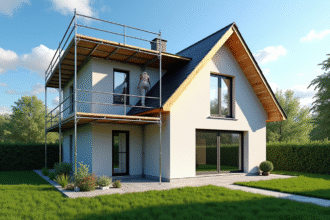 Extérieur d'une maison moderne en rénovation avec isolation et fenêtres double vitrage