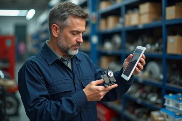 Mécanicien homme en combinaison bleue tenant des freins