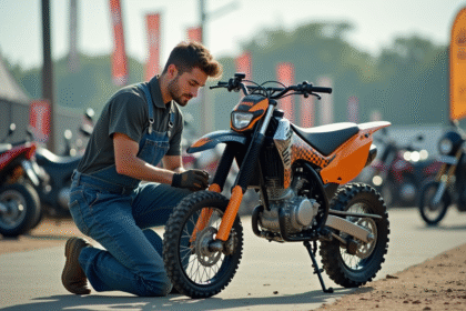 Jeune mecanicien inspectant une moto 150cc en concession