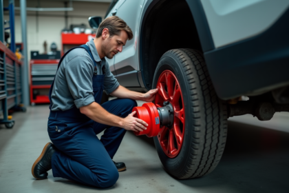 Mécanicien en overalls installant un silent bloc rouge dans une voiture