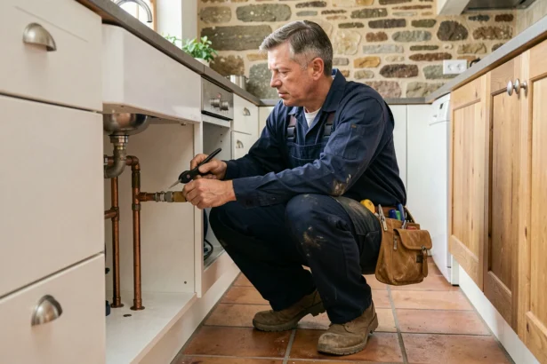 Plombier professionnel en Dordogne intervenant sous un évier dans une maison de campagne, illustrant le thème des meilleurs plombiers de la région
