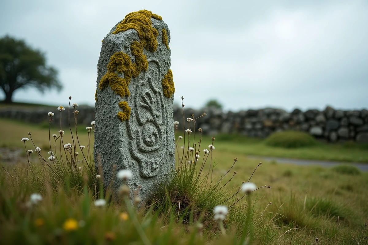 Gros plan d'un menhir breton couvert de lichens et gravé de motifs celtiques, symbolisant les lieux sacrés associés aux korrigans dans la mythologie bretonne