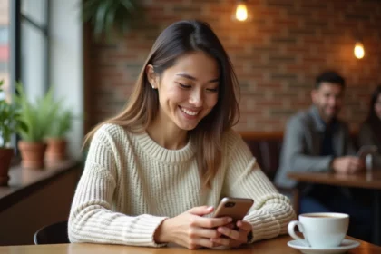 Jeune femme souriante qui rédige un message sincère pour ses amis sur son smartphone dans un café chaleureux