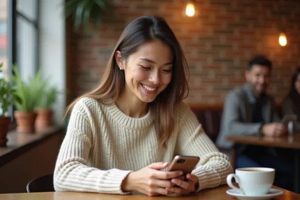 Jeune femme souriante qui rédige un message sincère pour ses amis sur son smartphone dans un café chaleureux