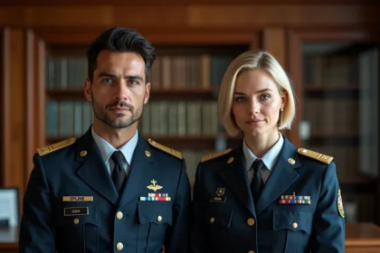 Portrait d'un officier militaire homme et femme dans un bureau