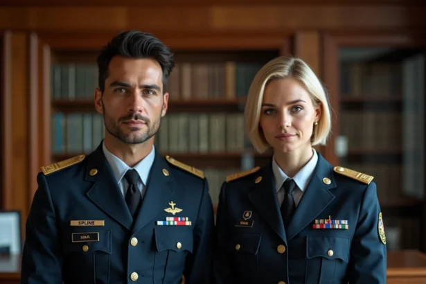 Portrait d'un officier militaire homme et femme dans un bureau