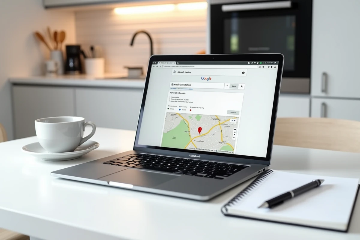 Ordinateur portable ouvert affichant un outil de géolocalisation d'adresse en ligne sur une table de cuisine