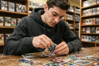 Joueur ouvrant un booster Étincelles Déferlantes dans une boutique de jeux de cartes à collectionner