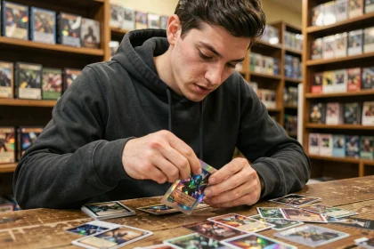 Joueur ouvrant un booster Étincelles Déferlantes dans une boutique de jeux de cartes à collectionner
