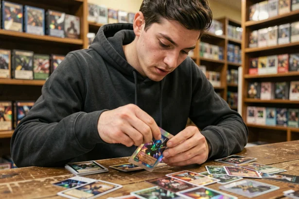 Joueur ouvrant un booster Étincelles Déferlantes dans une boutique de jeux de cartes à collectionner