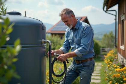 Homme connectant tuyaux d'eau près d'une ferme solaire