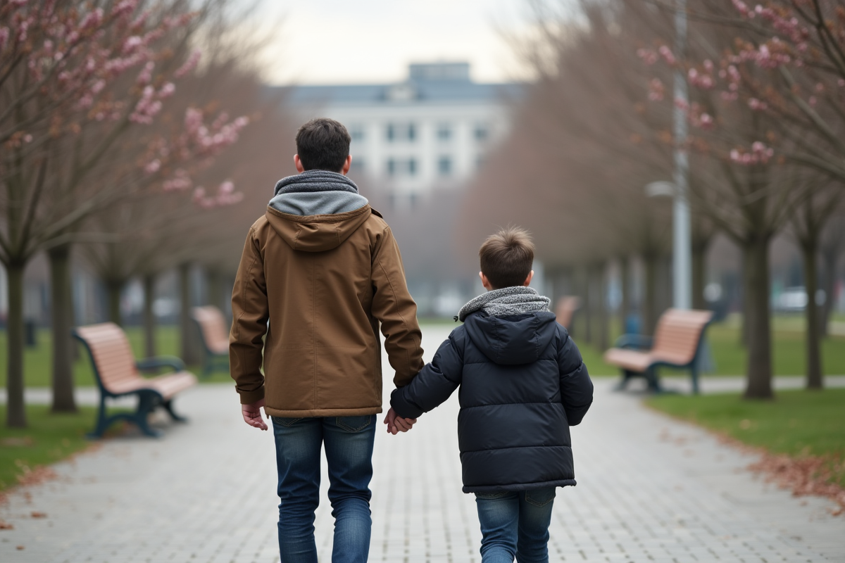 Père et enfant marchant main dans la main dans un parc au printemps