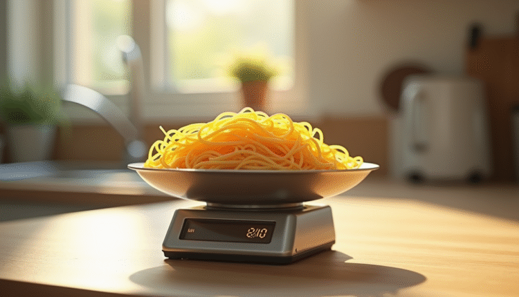 portion de spaghetti cru sur une balance en cuisine