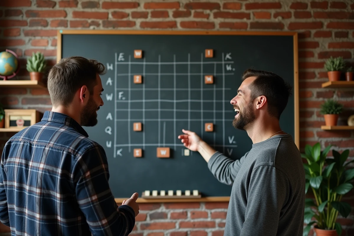 Deux hommes jouant au jeu du pendu avec des lettres rares inspirées du Scrabble sur un tableau noir dans une salle de jeux conviviale