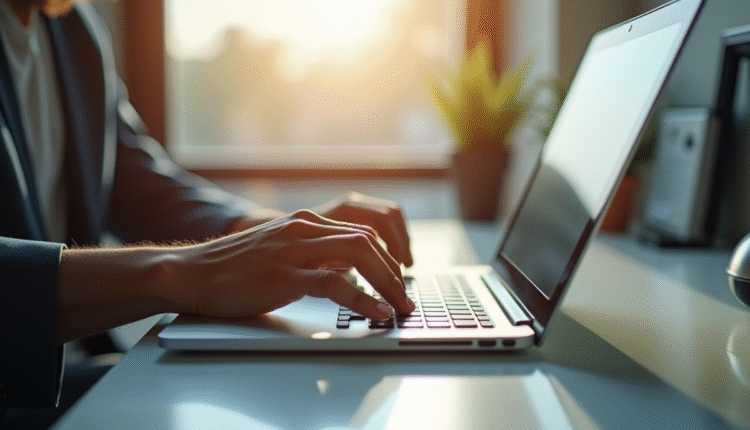 Personne utilisant un ordinateur portable au bureau ensoleille