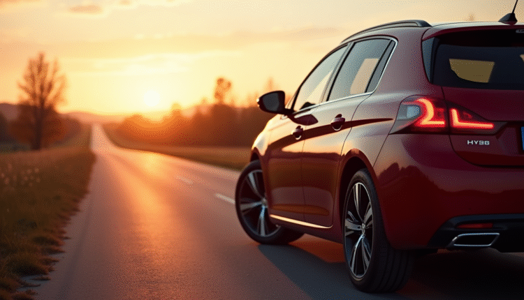 Peugeot 308 hybride sur route de campagne au lever du soleil