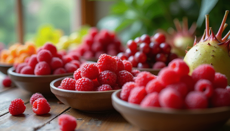 Table en bois avec fruits rouges frais en bowls