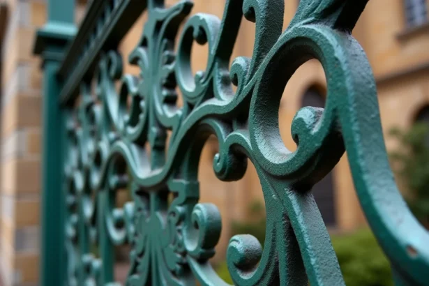 Détail rapproché d'un portail en fer forgé de style Art Nouveau avec motifs floraux et courbes organiques sur fond de façade en pierre