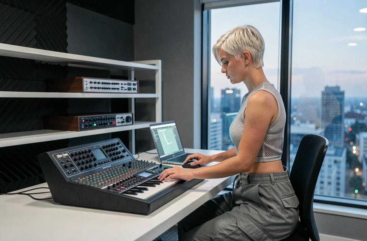 Productrice de musique techno moderne dans un studio minimaliste avec synthétiseurs modulaires en 2026