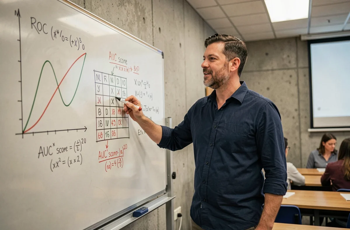 Professeur expliquant la métrique AUC et la courbe ROC devant un tableau blanc dans une salle de cours universitaire