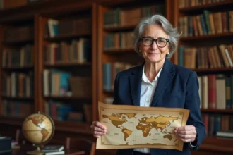 Professeure hispanophone en bibliothèque avec carte ancienne
